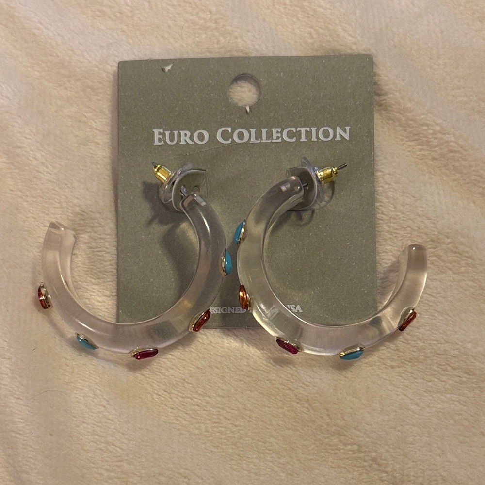 🌻 Euro Collection Colorful Gems Half Hoop Earrings